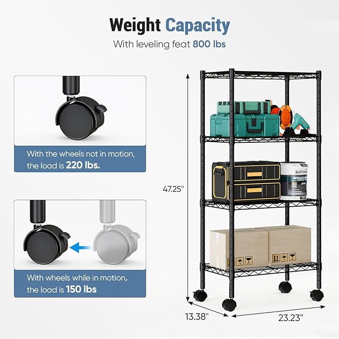 DUMOS Industrial 4 Level Grid Storage Rack ，Mobile Metallic Shelving System with Lockable Wheels， Multi-Purpose Cabinet for Workshop, Culinary Space, Storeroom, Washroom & Restroom Black