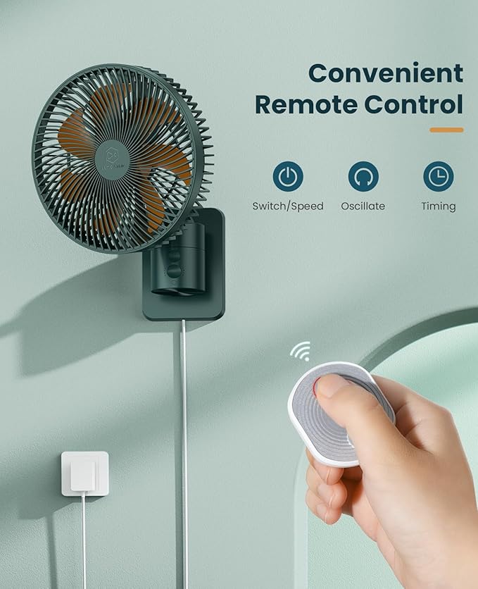 LEMOISTAR 8 Inch Small Wall Mounted Fan with Remote Control, 90° Oscillating, 4 Speeds High Velocity, Timer, Adjustable Tilt, 70 Inch Cord, Quiet, for RV Bedroom Home Office Garage-Green&Orange