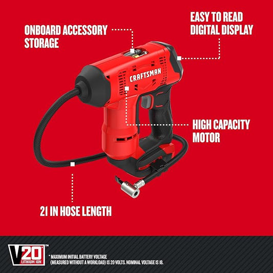 CRAFTSMAN V20 Air Compressor Portable, Cordless Tire Inflator, Up To 150 PSI Tire Pump, with Digital Pressure Gauge, Tool Only (CMCE521B)