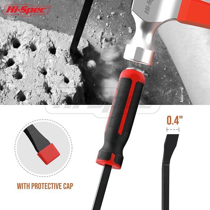 Hi-Spec Prybar Set: 1pc Short Small Steel Pry Bar. Ergonomic Non-Slip Handles with Heavy Duty Striking Cap for Wood, Tiles, Trim and Molding. 8" (0.6ft) / 0.2m Total Length.