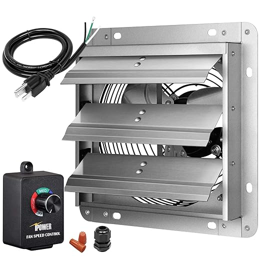 Simple Deluxe 14 Inch Wall Mounted Shutter Aluminum Exhaust Fan with Speed Controller and Power Cord Kit, 1600 RPM, 1000 CFM, for Attic, Garage, Louvered Vent, Plant, Greenhouse, Silver
