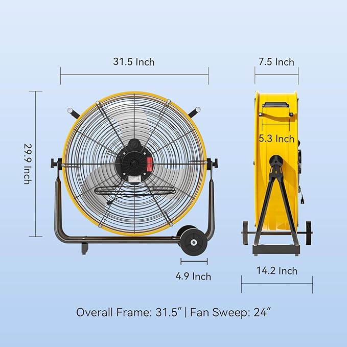 24 Inch Industrial Drum Fan 8800 CFM High Velocity Floor Fan for Garage, Warehouse & Workshop - 3-Speed Heavy Duty Metal Fan with 360° Tilt, Wheels & UL Safety Listed