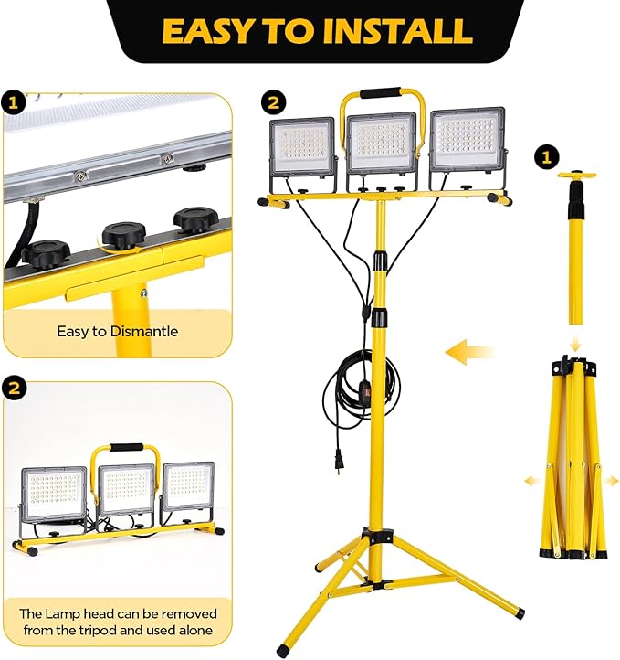 30000 Lumen LED Work Lights with Stand - 3 Adjustable Head Waterproof Foldable Tripod Light, 6500K Daylight (47-68" Height) & 18FT Cord - IP66 Rated for Construction Sites, Garage, Outdoor