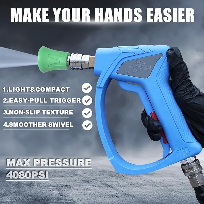 TUTULUCK® Pressure Washer Short Gun with 3/8" Swivel, Power Washer Stubby Trigger Handle with 25° Soft Rubber Nozzle, M22-14mm to 3/8" Quick Connector, M22-15mm Female for Car Wash