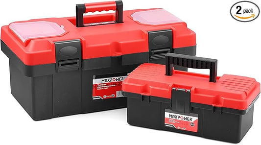 MAXPOWER 2-Piece Plastic Tool Box Set, 12-inch Mini Tool Box & 17-inch Handheld Toolbox, Lockable, Removable Tray, Top Small Parts Organizer Storage for Home, Garage, and DIY Projects