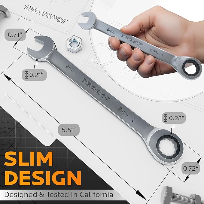 TIGHTSPOT 8 mm Ratchet Combination Wrench with Precision Movement, Polished Steel for Projects with Metric Tight Spaces