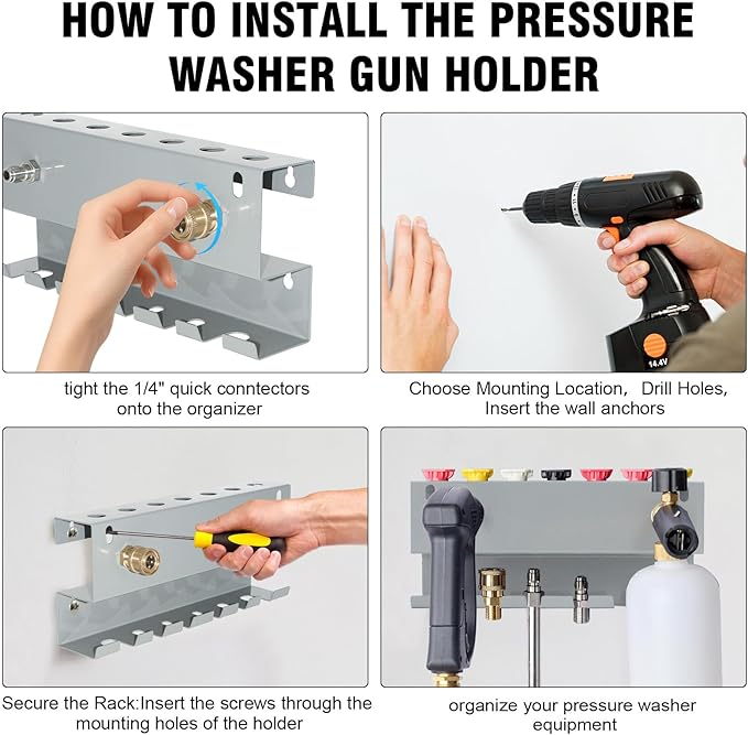 Pressure Washer Gun Holder, Wall Mounted Foam Cannon & Car Wash Accessories Storage Rack for Wand Extension and Nozzle Tips, Fits 1/4" Quick Connector, Gray