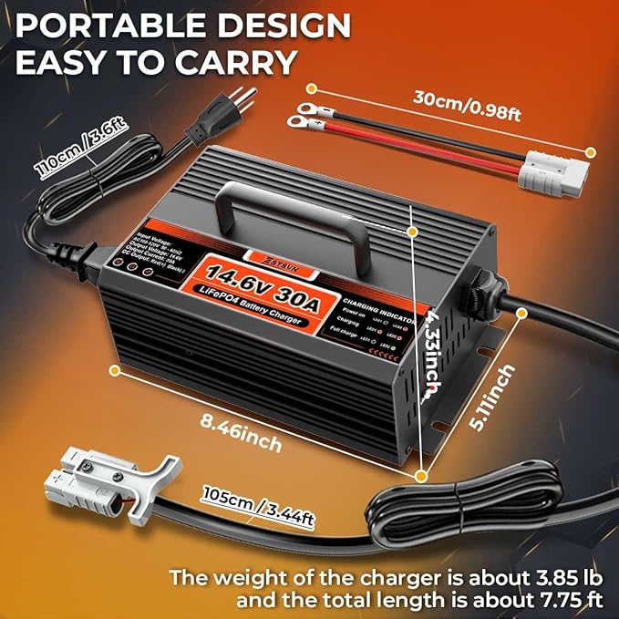 14.6V 30A LiFePO4 Battery Charger 12V LiFePO4 Lithium Battery Charger 30 Amp Fast Charging with Anderson Connector AC-DC for Deep Cycle Rechargeable Batteries of RV Boat Car Marine