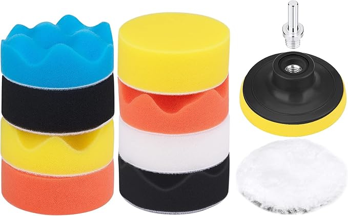 3 Inch Buffing and Polishing Pads Kit 11PCS Buffing Pads with Drill Adapter Foam Polisher Pad for Car Waxing