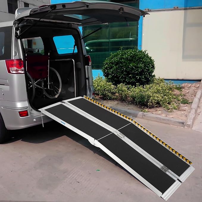 7 FT Portable Wheelchair Ramp, Wheel Chair Ramps for Homes with Transition Plate, Aluminum Wheelchair Ramp with Non-Skid Surface and Reflective Strips, Weight Capacity Up to 600 Lbs