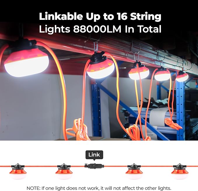 LED Construction String Lights:50w ETL Certified Industrial LED String Work Lights,IP65 Waterproof 18AWG Wire 5000K Super Bright for Attic Jobsite Garage Mine cave,with Hanging Hooks