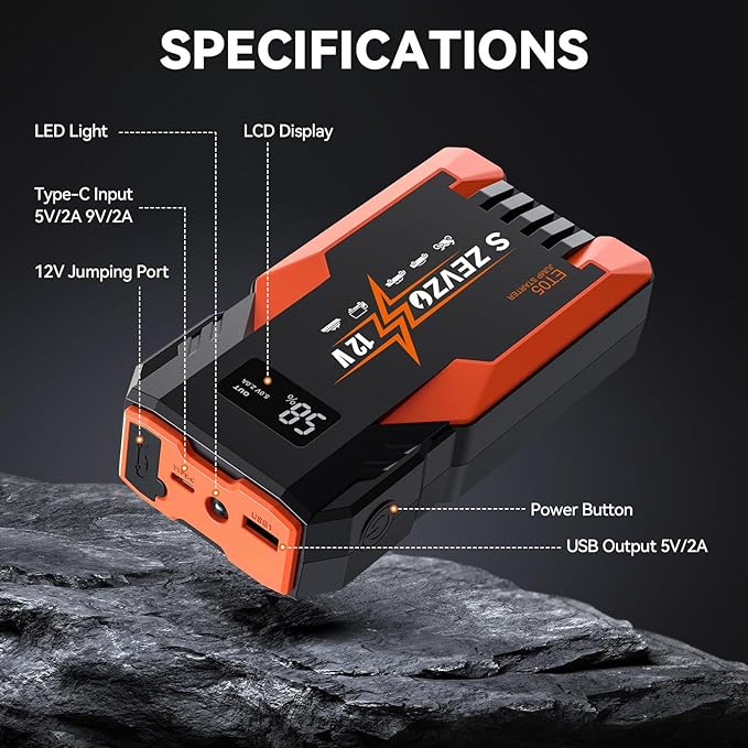 S ZEVZO ET05 Jump Starter 3000A Portable Car Jump Starter Battery Pack (7.2L Gas/ 5.5L Diesel), 51.8Wh 12V Jump Box with USB Ports, LCD Display and 3 Modes Flashlight
