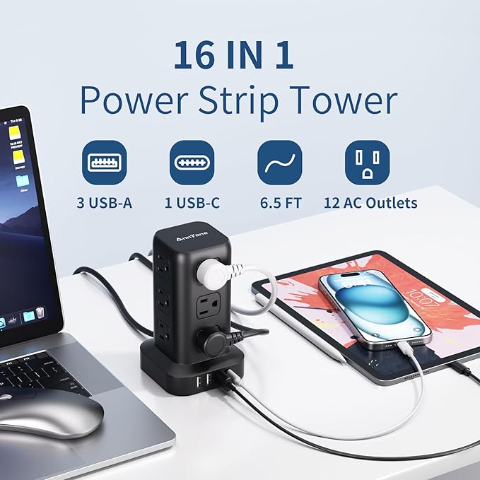 AnnTane Surge Protector Power Strip 6.5 FT Cord, Power Strip Tower with 4 USB Ports (1USB C), Extension Cord with 12 AC Multiple Outlets, Home Office Supplies Desk Accessories, Dorm Room Essentials