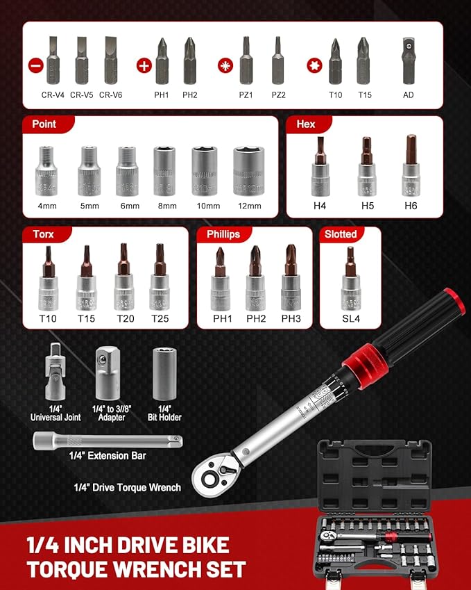 1/4inch Drive Torque Wrench Set, 32-Piece 10-220 in.lb (1-25 Nm) Click Bicycle Torque Wrench with Bit Sockets, 0.1 Nm Micro, 72-Tooth Ratchet, 3/8 Adapter, for MTB, E-Bike, Motorcycle