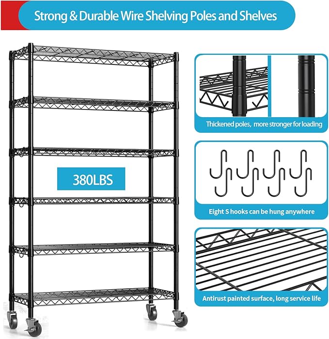 Hodonas 2300LBS Wire Shelving Unit, 36"W x 14"D x 75"H Metal Standing Shelf Units with Wheels / Leveling Feet, 6 Tier, Adjustable, Heavy Duty, and NSF Storage Shelves, Rolling Metal Shelving Wire Rack
