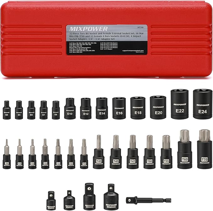 MIXPOWER 32PCS Torx Bit Socket Set, 14 Star Bits (T8-T70)& 13 E-Torx Sockets (E4-E24), CR-V & S2 Alloy Steel