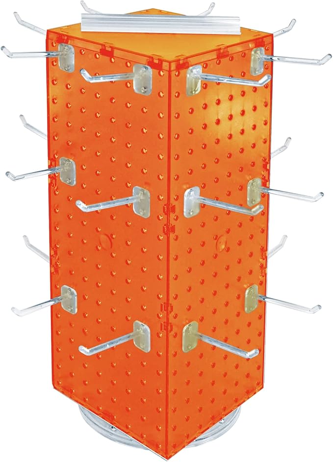 Azar Displays 703385-ORG-4C24, Four-Sided Revolving 8" W x 20" H Pegboard Counter Display w/ 24 Hooks- 4” Length, Orange