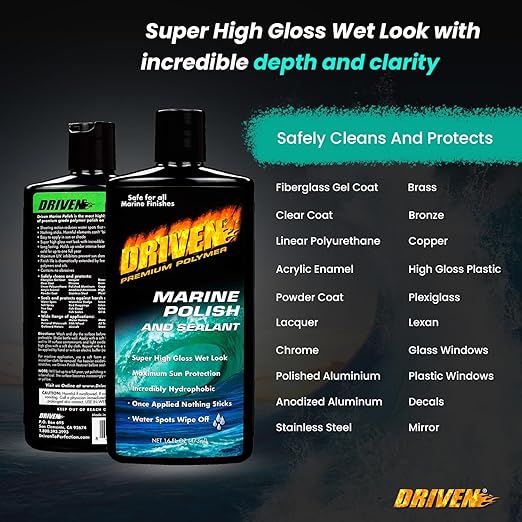 DRIVEN Marine Polish & Sealant for Super High Gloss Wet Look, Protection from Water Spots & Contaminants - Polymer Polish Against Intense Heat from Sun, Exhaust Stain & More - for Boats, RVs, More