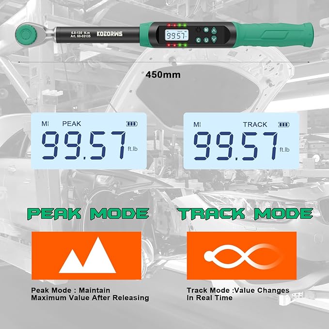 3/8" Drive Digital Torque Wrench, 5.02-99.57Ft.lb/6.8-135N.m, Long Electronic Torque Wrench with Preset Value, Buzzer & LED Indicator, 2% Accuracy for Bike, Motorcycles