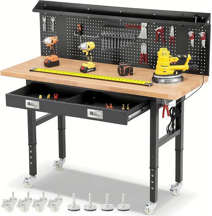 ENJOYWOOD Work Bench with Wheels 60 x 22 Inch Heavy Duty Rubberwood Tabletop Work Table Adjustable Height Garage Workbench with LED, Drawers, Pegboard, Power Outlets for Woodworking Shop, Home, Office