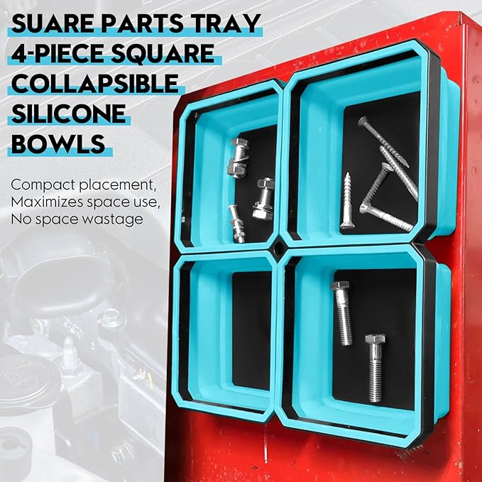 Collapsible Parts Tray Set, 4 Pack New Version Magnetic Tool Trays for Screw Bolts Nuts Washers Pins & Small Metal Parts-4.5' Square Silicone Bowls with Double Sided Magnetic Base(Sky Blue)