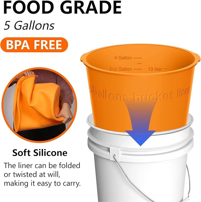 2-Pack 5 Gallon Silicone Bucket Liner – Reusable Rubber Bucket Saver for Thinset, Mortar, Grout, Concrete & Paint Mixing with Graduated Measurements, Fits Standard 5-Gal Buckets (Orange)