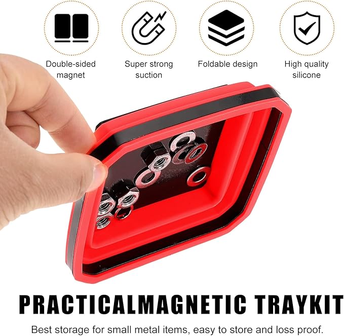 2 PCS Collapsible Magnetic Parts Tray, 4.5 Inch Foldable Magnetic Square Silicone Tray, Tool Tray Set with Double-Sided Magnetic Base for Screw Bolts Nuts Pins, Car Accessories (Red+Blue)
