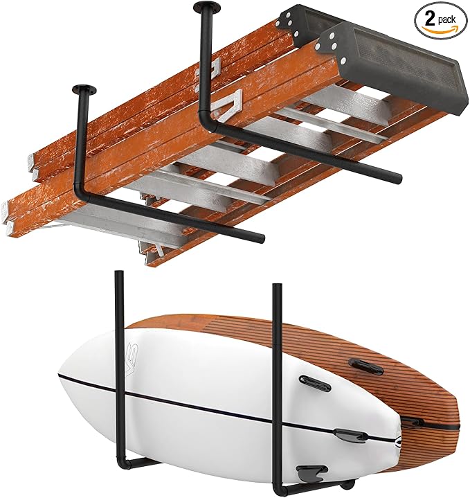 Sunexinlo Surfboard Wall Mount or Ceiling Rack, Heavy-Duty Garage Ceiling Storage Racks with Sponge Pads for Ladder, Surfboard, Snowboard, Paddle Boards, Holds 100 lbs, Black