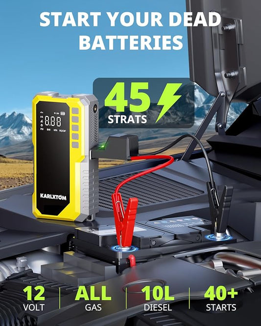 Karlxtom Car Battery Jump Starter with Air Compressor, 4500A Portable Car Jump Starter (All Gas /12L Diesel) with 190PSI Auto-Shutoff Tire Inflator, [2026 NEW Model] 12V Jump Box with LCD Display