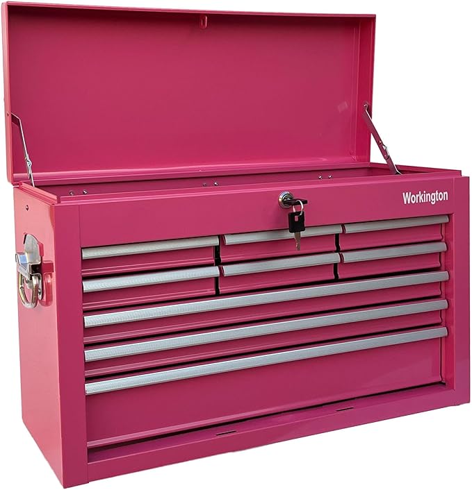 Workington Portable Metal Tool Chest with 9 Drawers, 24" 9-Drawer Tool Chest Cabinet with Ball Bearing Drawer Slides, Steel Tool Storage Box Organizer 4006 Pink