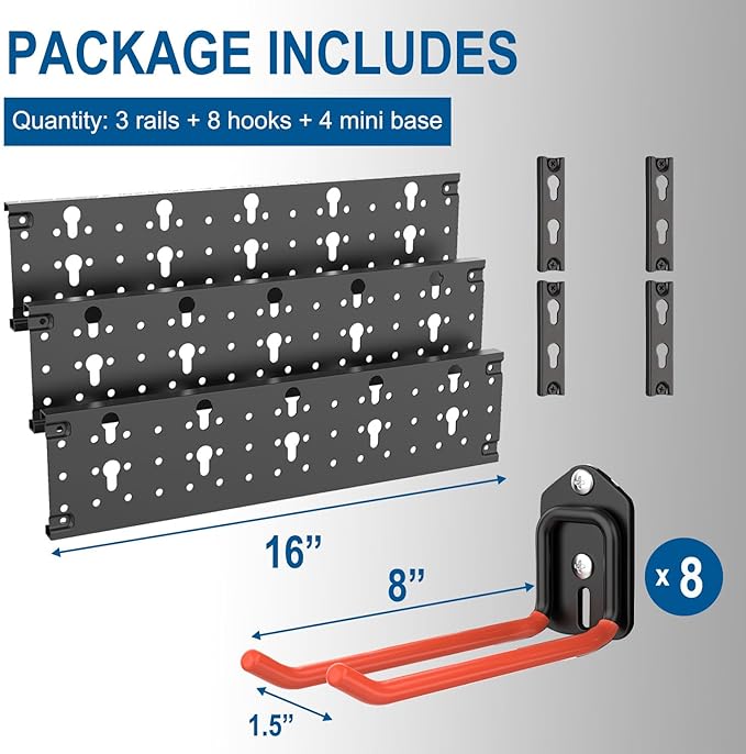 Wallmaster Wall Mount Garage Organizer Tool Storage Rack, Heavy Duty Folding Chair Hangers with 8 Adjustable Hooks, 48-inch Tracks, Max Load 300lbs