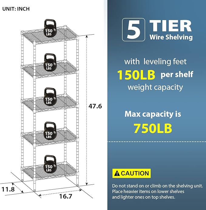 BestOffice Adjustable NSF-Certified Metal Shelf Wire Shelving Unit Storage for Small Places Restaurant Garage Pantry Kitchen Garage Rack (Black, 16.7L×11.8W×47.6H)