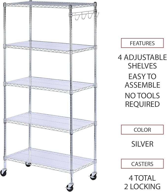 Alera 5-Shelf Wire Shelving Kit with Casters and Shelf Liners, 36w X 18d X 72h, Silver