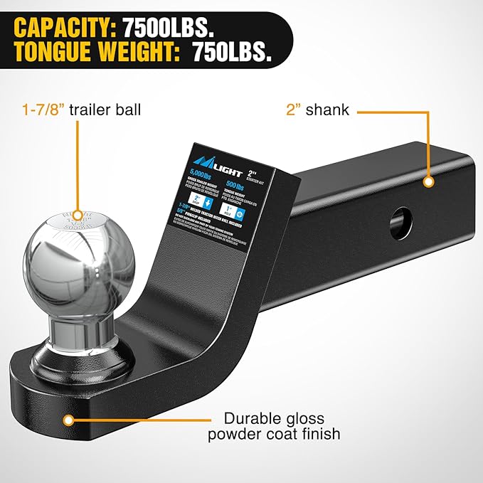 Nilight Fusion Trailer Hitch Mount w/Welded 1-7/8 Inch Trailer Ball & Hitch Pin, Fits 2 Inch Receiver, 5000 lbs 2" Drop