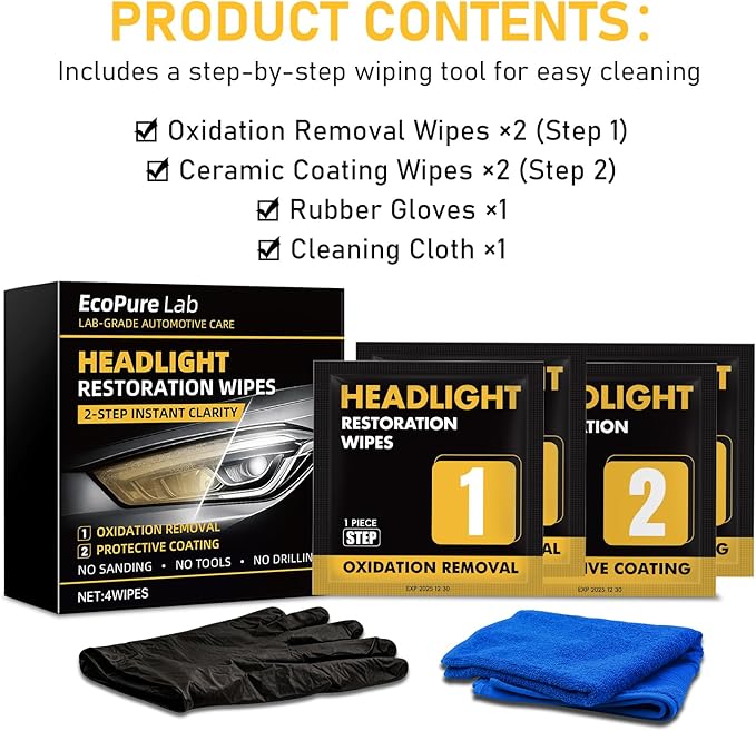 2-Step Headlight Restoration Wipes–No Sanding Car Headlight Restoration Kit with Oxidation Remover&Ceramic Coating,UV Protection,Restore Clear Polycarbonate Lenses(1 Pack)