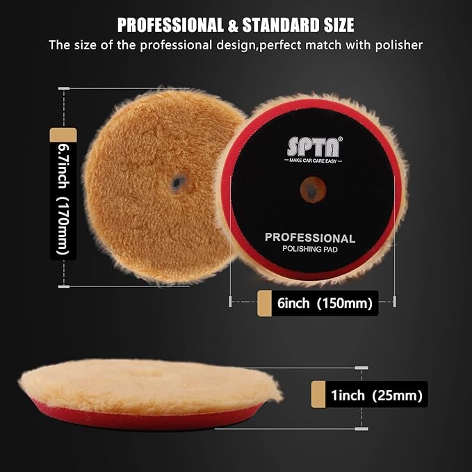 SPTA Wool Buffing Polishing Pads, 3Pcs 6" (150mm) Coarse Medium Cutting Car Wool Pads, with Hook and Loop for Car Polisher Car Polishing and Buffing -WPMIXS6