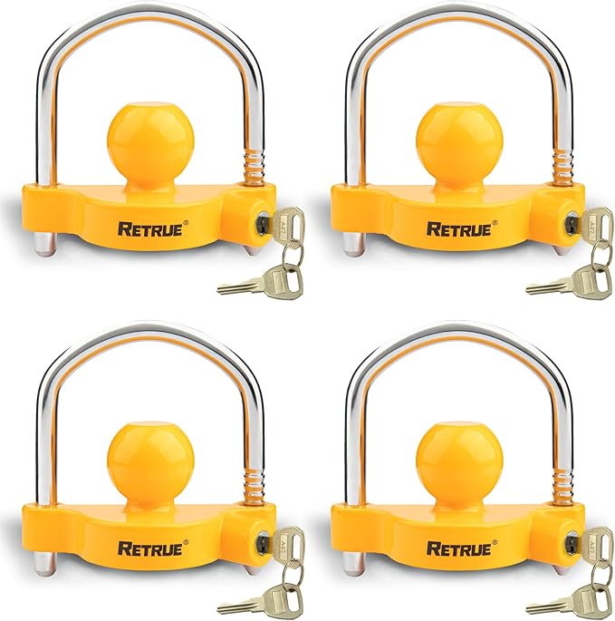 RETRUE Universal Coupler Lock Trailer Locks Ball Hitch Trailer Hitch Lock Adjustable Security Heavy-Duty Steel Fits 1-7/8 Inch, 2 Inch, 2-5/16 Inch Couplers, Yellow, Lightweight (4 Pack Keyed Alike)