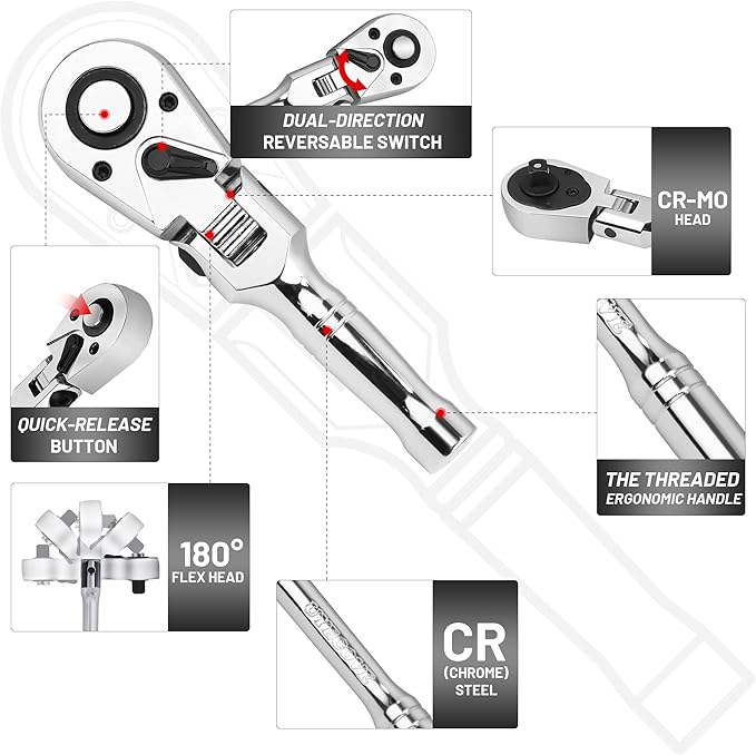 1/2 Inch Drive Stubby Ratchet, Flex Head Ratchet 1/2 Ratchet Ratchet Wrench, Small Socket Wrench, 72 Tooth Quick Release Swivel Head Ratchet Cr-Mo Flexible Ratchet Handle -5.9"/150mm