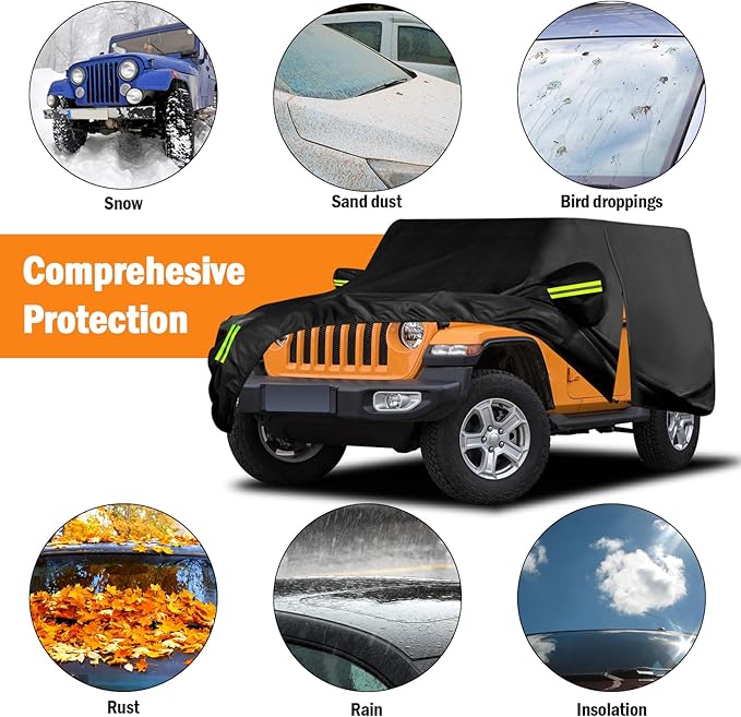 Waterproof Car Cover for Jeep Wrangler 2 Door 1987-2025 JK JL CJ YJ TJ Outdoor Sun Rain Snow Hail Protection with Driver Door Zipper