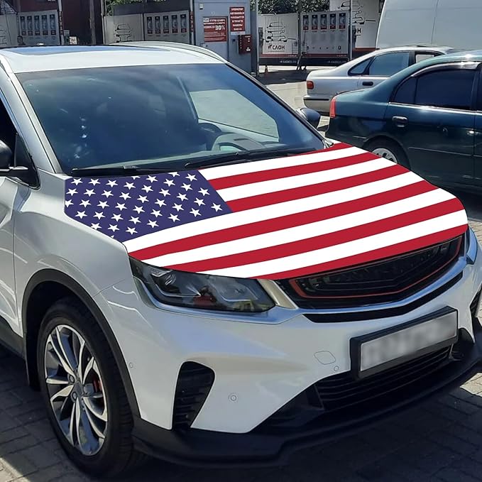 American Hood Flag Cover - 59x51 in Car Hood Cover American Flag for Car Decor, Patriotic Car American Flag with 2 Pack Adjustable Triangular Fasteners