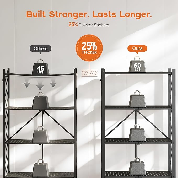 Fenbeli Folding Shelving Unit 5 Tier with Wheels & Hooks, No Assembly Foldable Collapsible Storage Shelf 60 lbs Per Shelf, Rolling Metal Rack for Kitchen Pantry Garage Craft Show Display