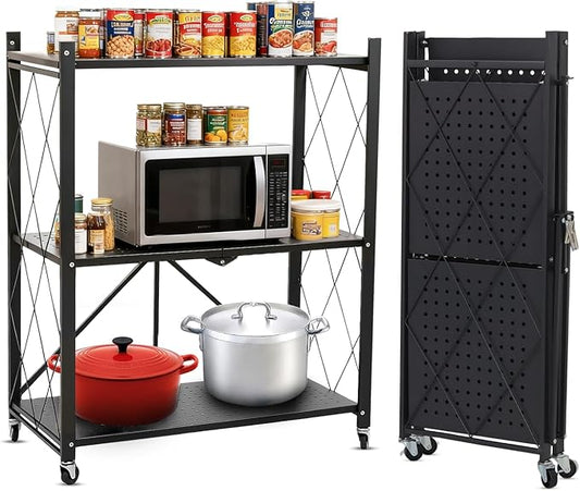 3 Tier Foldable Storage Shelf with Wheels, Heavy Duty Collapsible Metal Shelf Rack Folding Bookshelf, No Assembly Rolling Cart for Kitchen, Pantry, Closet, Office, Bathroom, Garage Organizer, Black