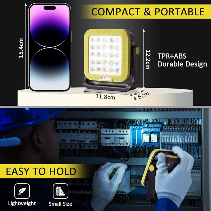 Masmejor 30W Rechargeable LED Work Light- 1500LM Portable Magnetic Lights, 7 Light Modes, 360° Rotating, IP44 Waterproof floodlight for Outdoor, Auto Repair, Emergency, Garage, Power Outages, Camping