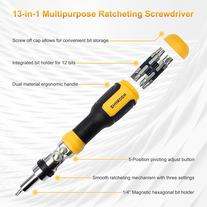 SHARDEN Ratcheting Multi Bit Screwdriver - 13-in-1 Tool Set, Flat Head/Square/Torx/Hex/Phillips, 180 Degree Pivoting Adjustable Angle Magnetic Screwdriver