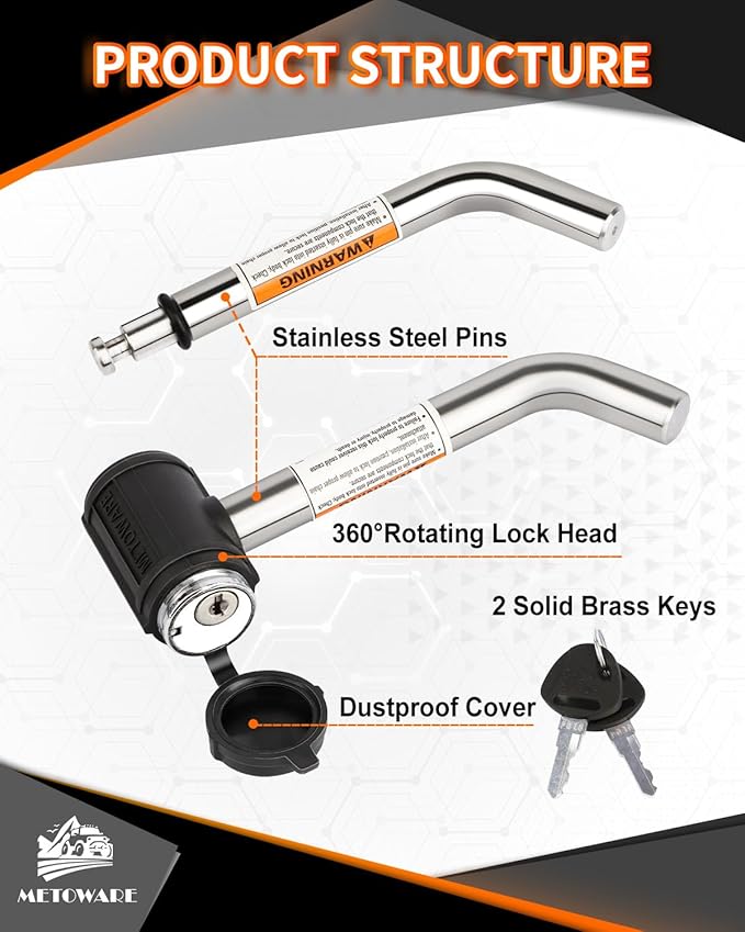 METOWARE Swivel Head Receiver Lock for Class I-IV, 1/2” and 5/8” Dual Bent Pin, Compatible with Most Hitches for Trailer, Truck, Car