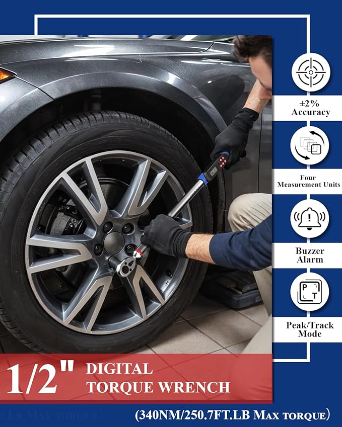 1/2 Digital Torque Wrench (12.54-250.7 Ft. Lb/ 17-340 N.m) ±2% Accuracy with Track Mode Torque Wrench Digital with Vibration, Buzzer and LED Alert for Car,Motorcycle Repair, DIY