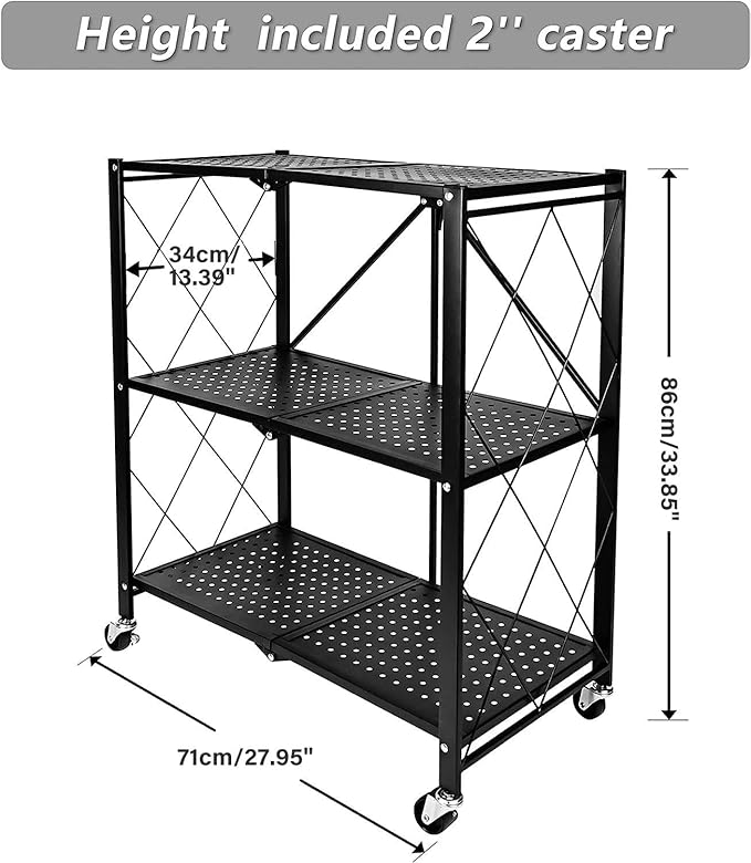 YSSOA 3-Tier Foldable Metal Rack, 27.95" D x 13.39" W x 33.85" H Storage Shelving Unit with Wheels Moving Organizer Shelves for Garage Kitchen, Black