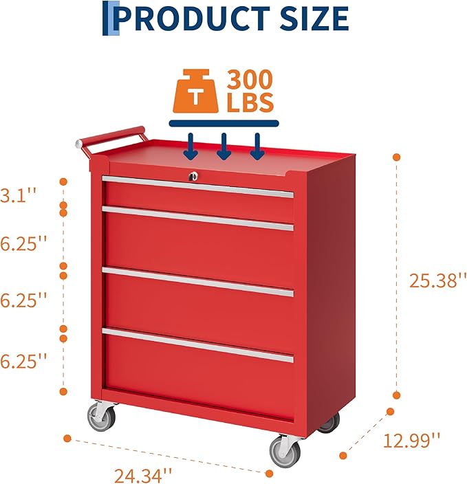 IDEALHOUSE Rolling Tool Chest, 4 Drawers Tool Storage Cabinet, Toolbox with Wheels, Portable Tool Cabinet Organizer with Locking System & Drawer Liners, Tool Storage Cart for Garage, Workshop, Red