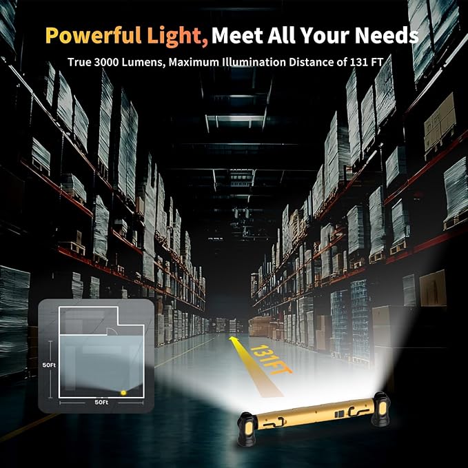 2Pack MechaniLite Under Hood Work Light Bar, 3000LM LED Magnetic Light Bar with Hooks, 5200mAh Cordless Rechargeable Hood Light for Mechanic/Car Repairing/Garage-Yellow