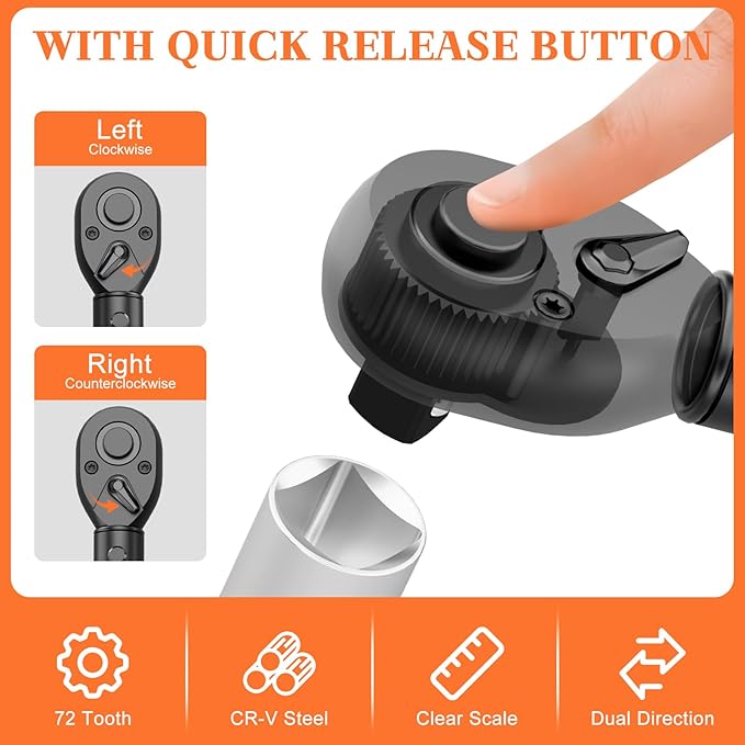 1/2 Drive Torque Wrench, 25-250 Ft-lb, ±3% High Accuracy Click Torque Wrench with 72-Tooth Dual-Direction Head for Tire Change, Lug Nuts, Automotive and Heavy Equipment Maintenance